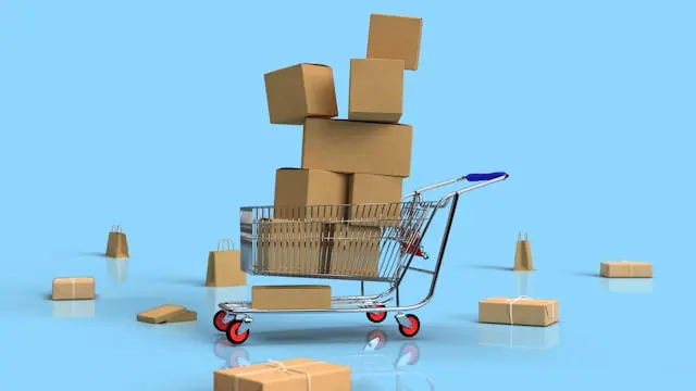 Einkaufswagen mit Paketen als Symbol für E-Commerce und Onlinehandel