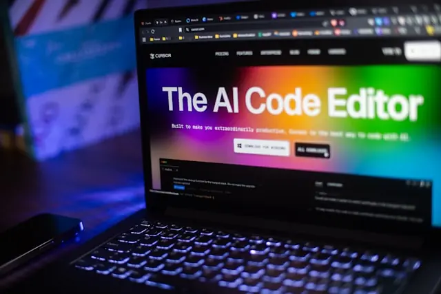 SpaceX übernimmt Cursor – KI-Code-Editor auf einem Laptop Laptop zeigt die Cursor-Website mit dem Schriftzug The AI Code Editor auf buntem Verlauf, als Bezug zur geplanten Übernahme durch SpaceX
