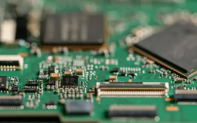 TSMC mit Rekordzahlen, Chipaktien fallen – Nahaufnahme einer Platine Nahaufnahme einer grünen Leiterplatte mit Mikrochips und Bauteilen als Bezug zu den TSMC-Rekordzahlen und fallenden Chipaktien
