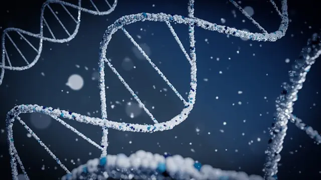 Twist Bioscience als Prüflabor für KI-generierte Proteine Dreidimensionale Darstellung mehrerer DNA-Doppelhelices vor dunkelblauem Hintergrund als Bezug zur Synthesearbeit von Twist Bioscience