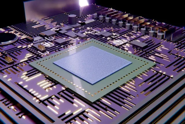 AXT Aktie verliert 11 Prozent mit Halbleiterchip auf Platine Prozessorchip auf einer violett beleuchteten Platine in grafischer Darstellung als Bezug zum Kursrückgang der AXT Aktie
