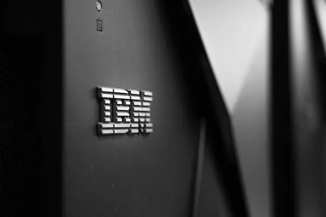 IBM erlebt schwärzesten Börsentag – Logo auf schwarzem Servergehäuse Silbernes IBM-Logo auf dem schwarzen Gehäuse eines Servers als Bezug zum historischen Kurssturz des Technologiekonzerns