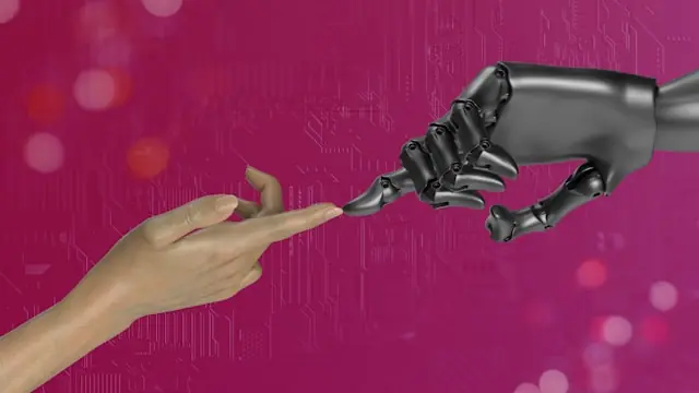 Nebius stürzt ab – menschliche Hand berührt Roboterhand Menschliche Hand und schwarze Roboterhand strecken sich einander entgegen vor pinkem Hintergrund mit Schaltkreismuster als Bezug zur KI-Konkurrenz bei Nebius