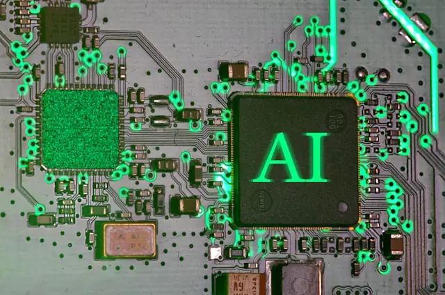 KI-Fantasie treibt Maase – Chip mit AI-Schriftzug auf Platine Schwarzer Mikrochip mit grünem AI-Schriftzug auf einer Platine mit leuchtenden Leiterbahnen als Bezug zur KI-Fantasie rund um die Maase-Aktie