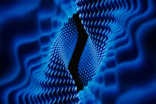 Pasqal Aktie halbiert sich mit blauer Wellenstruktur als Quantenmotiv Blaue Wellenstruktur mit dunkler Spalte in der Bildmitte als Bezug zum Kurssturz der Quantencomputing-Aktie Pasqal