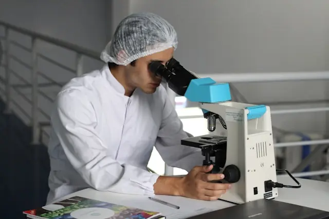 CareDx nach Behördenbeschluss im Aufwind – Laborant am Mikroskop Laborant in weißem Kittel und Haarhaube blickt durch ein Mikroskop, als Bezug zum Kurssprung des Diagnostikunternehmens CareDx