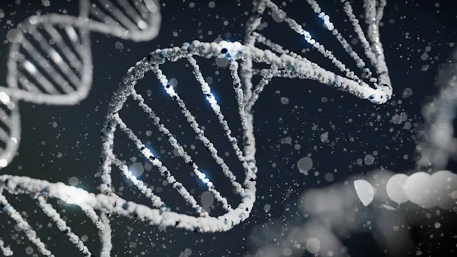 uniQure springt nach FDA-Wende bei Huntington – DNA-Doppelhelix Dreidimensional dargestellte DNA-Doppelhelix in Weiß und Blau vor dunklem Hintergrund, als Bezug zur Gentherapie von uniQure gegen Huntington