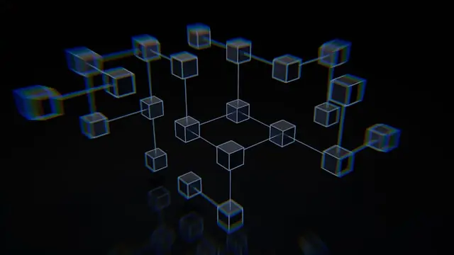 Staking-Rendite mit vernetzten Blockchain-Würfeln im Netzwerkdiagramm Verbundene Würfel als Blockchain-Netzwerk vor schwarzem Hintergrund im Zusammenhang mit den tatsächlichen Staking-Renditen