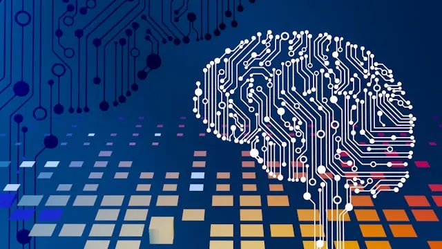 POET Technologies legt zu – digitales Gehirn aus Schaltkreisen Digitale Illustration eines Gehirns aus Leiterplattenstrukturen auf blauem Hintergrund, passend zu einem Artikel über Kursgewinne des KI-Halbleiterunternehmens POET Technologies