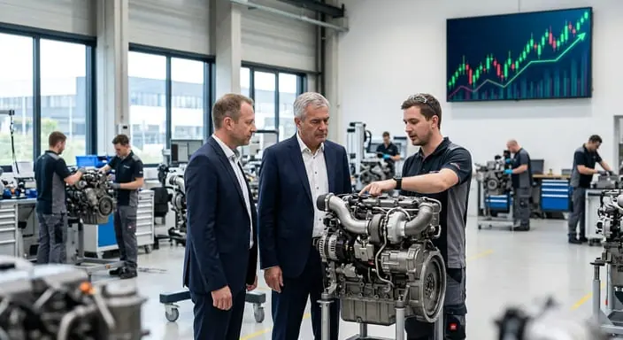 Steyr Motors über Mutares an die Börse – Werksrundgang mit Führung Führungskräfte begutachten in der Fertigungshalle einen Motor, im Hintergrund ein Kerzenchart mit steigender Kursentwicklung zum Börsengang von Steyr Motors