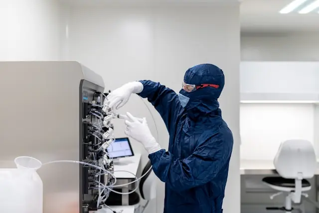 Moderna Aktie erobert 150-Dollar-Marke zurück mit Laborarbeit im Reinraum Laborant im blauen Schutzanzug bedient ein Laborgerät im Reinraum vor dem Hintergrund der Kurserholung von Moderna
